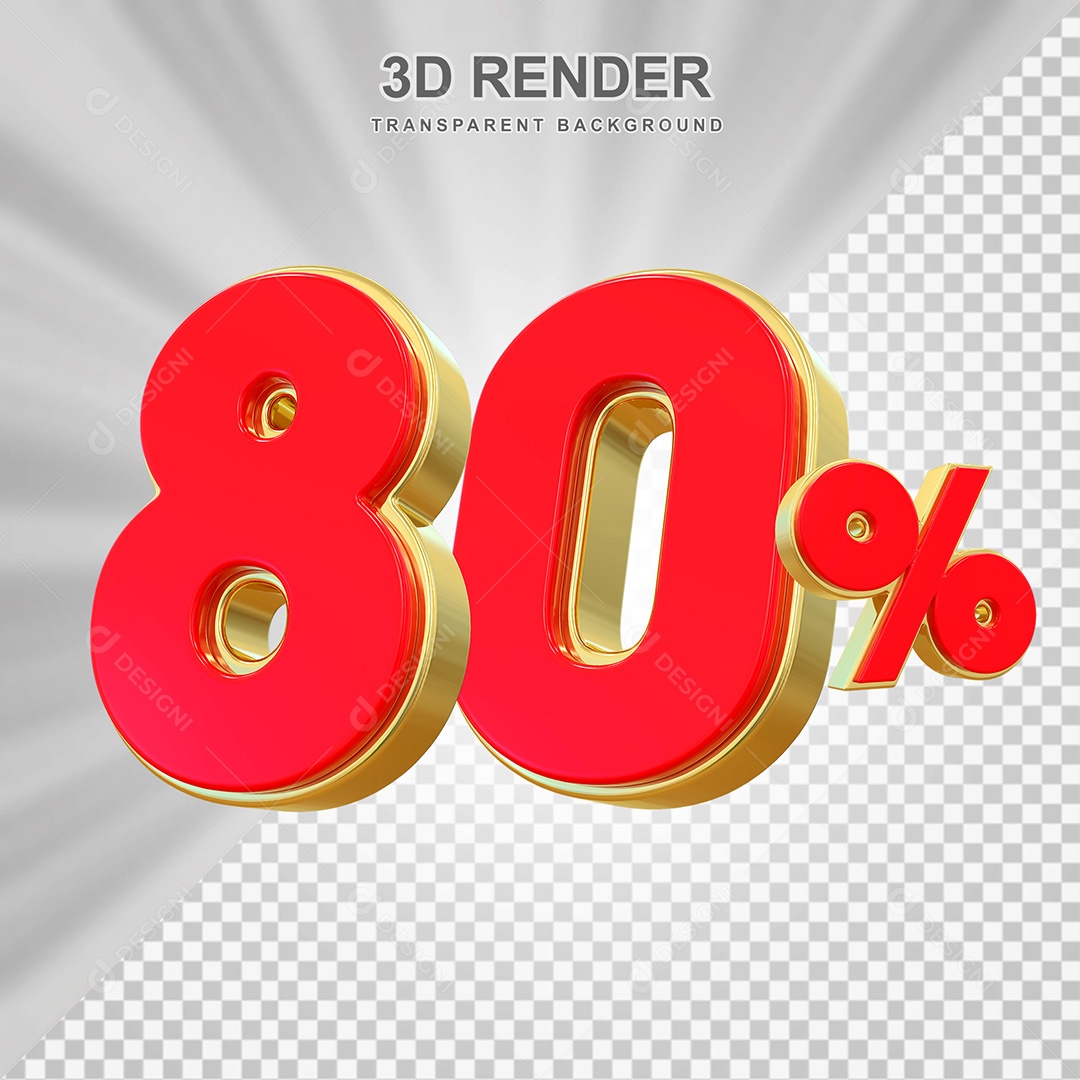 Elemento 3D Número 80% Vermelho e Dourado Para Composição PSD