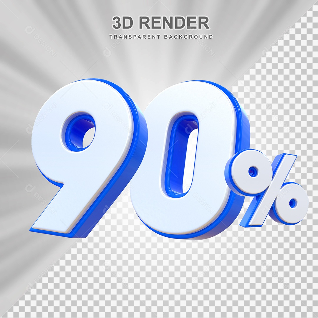 Elemento 3D Número 90% Branco e Azul Para Composição PSD