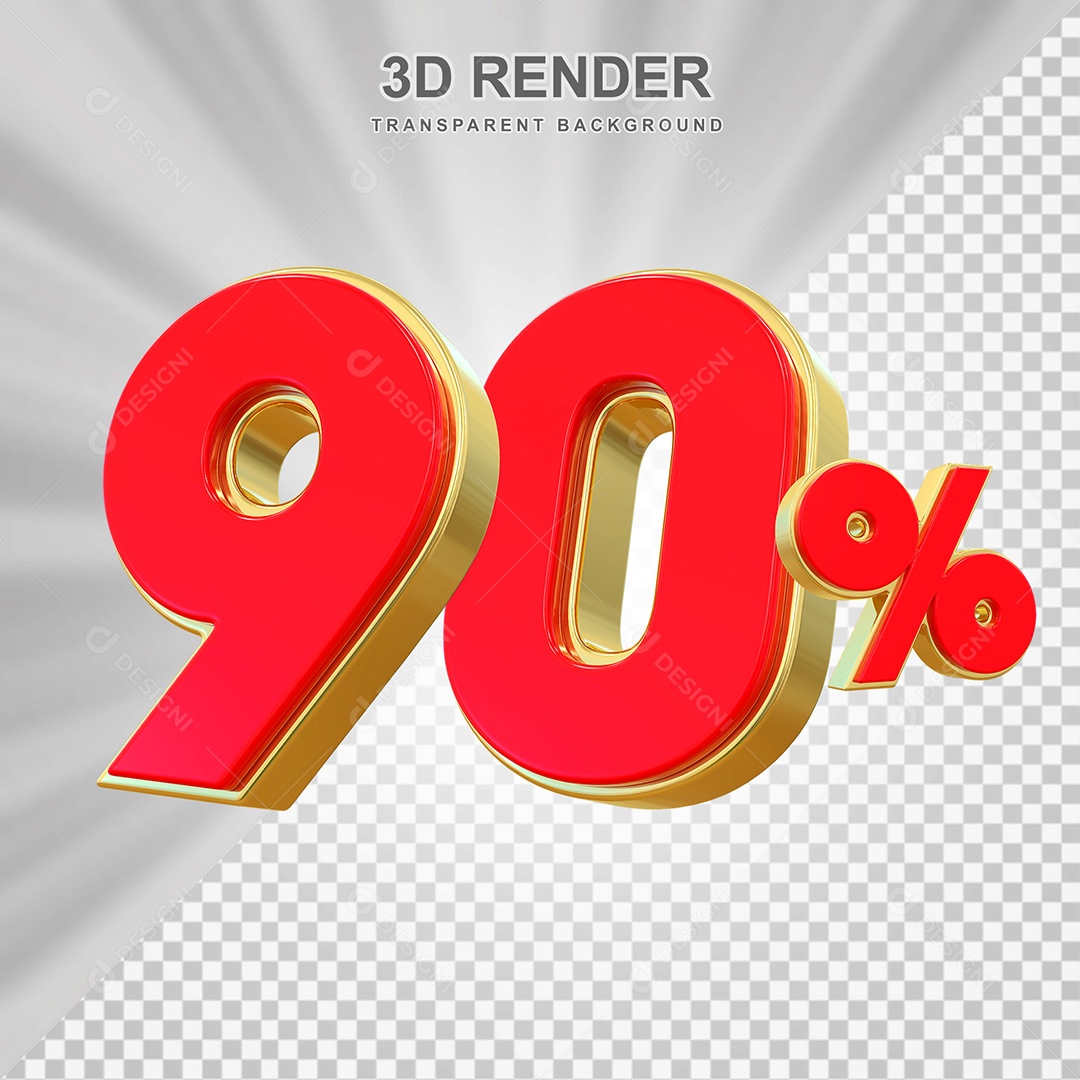 Elemento 3D Número 90% Vermelho e Dourado Para Composição PSD