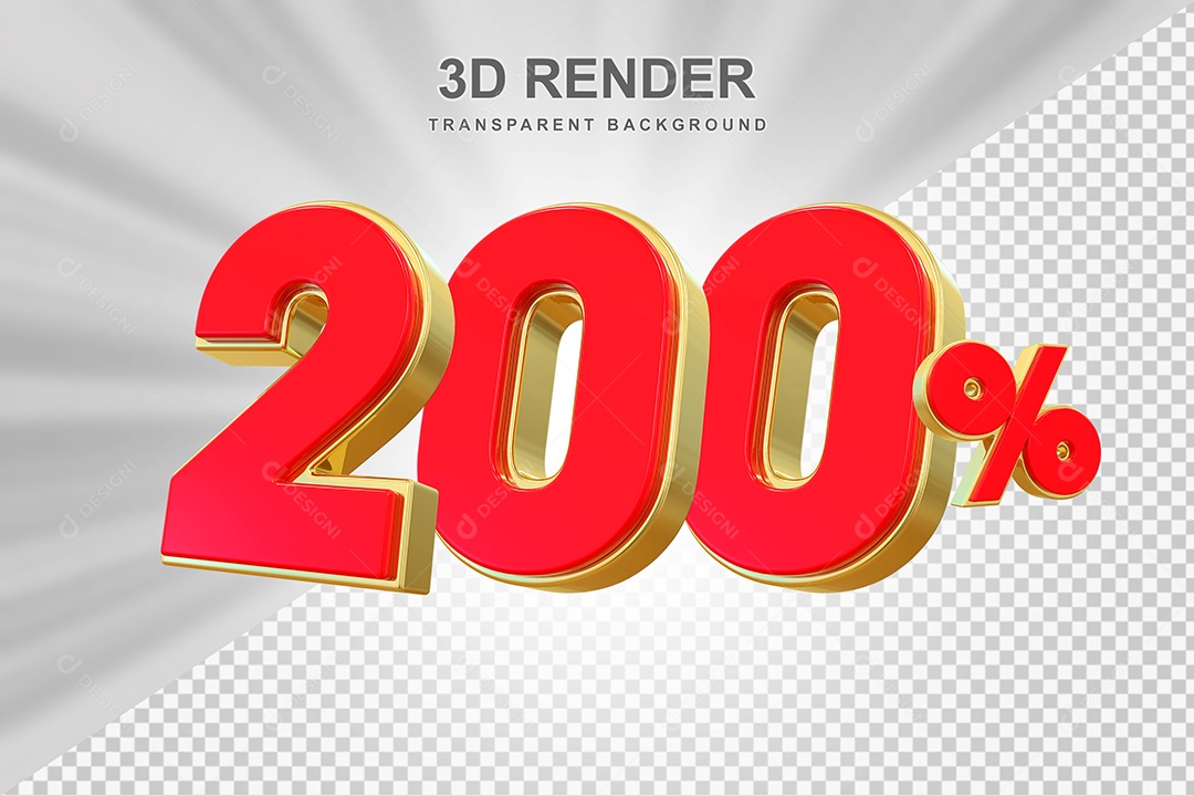 Elemento 3D Número 200% Vermelho e Dourado Para Composição PSD