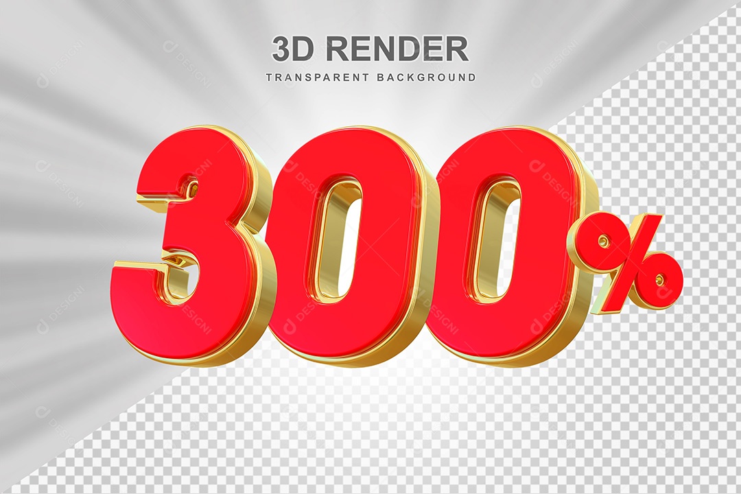 Elemento 3D Número 300% Vermelho e Dourado Para Composição PSD