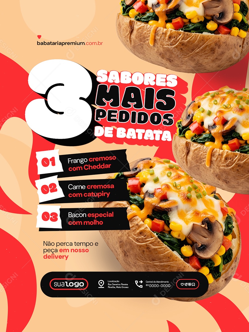 Batata Recheada Três Sabores Mais Pedidos de Batata Social Media PSD Editável