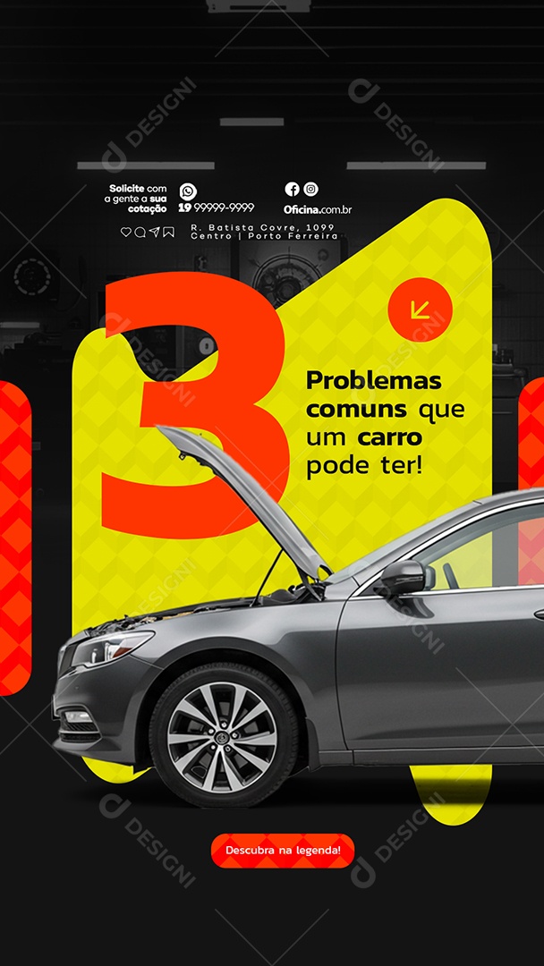 Story Oficina Mecânica Três Problemas Comuns Que um Carro Pode Ter Social Media PSD Editável