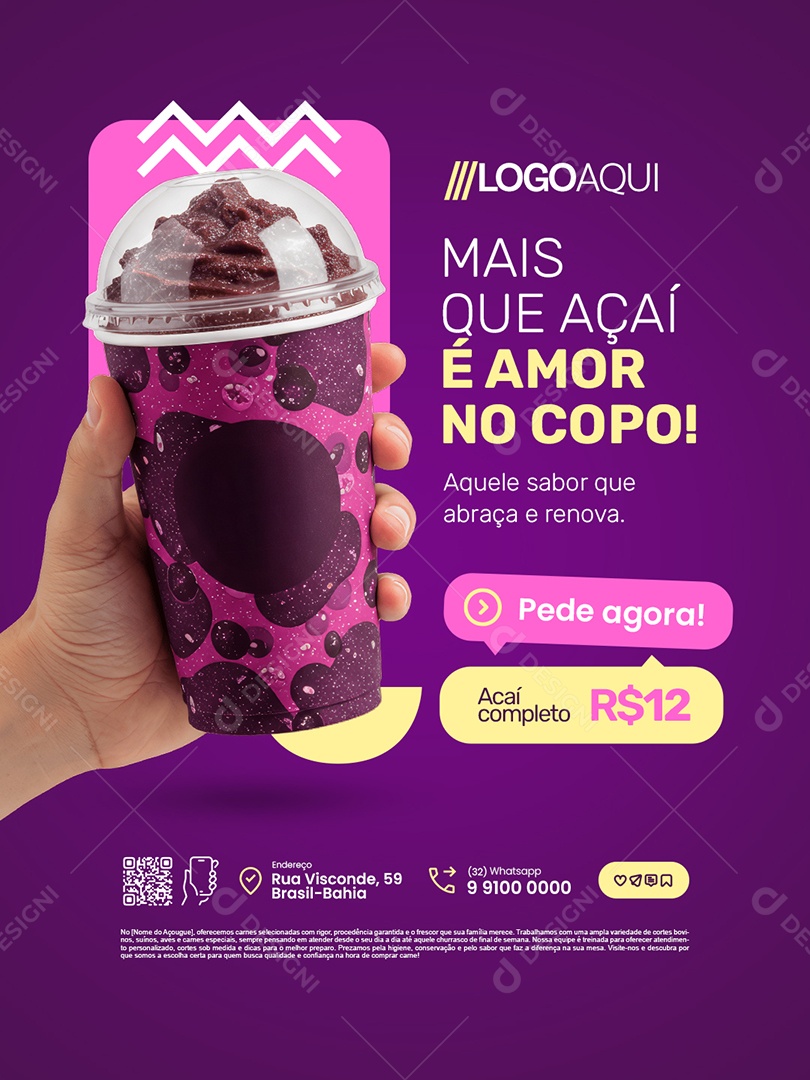 Açaiteria Mais Que Açaí é Amor no Copo Social Media PSD Editável