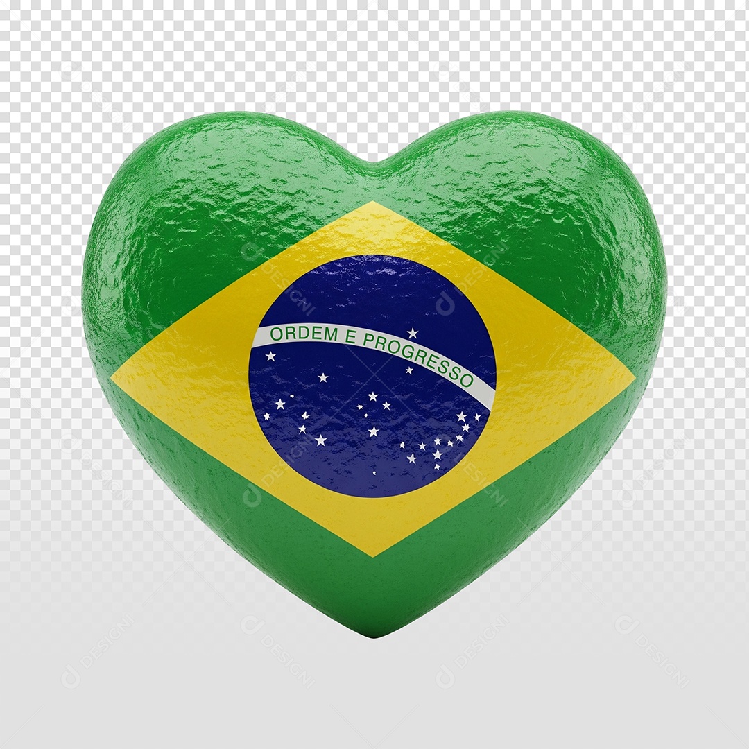 Elemento 3D Coração Nas Cores da Bandeira do Brasil para Composição PSD