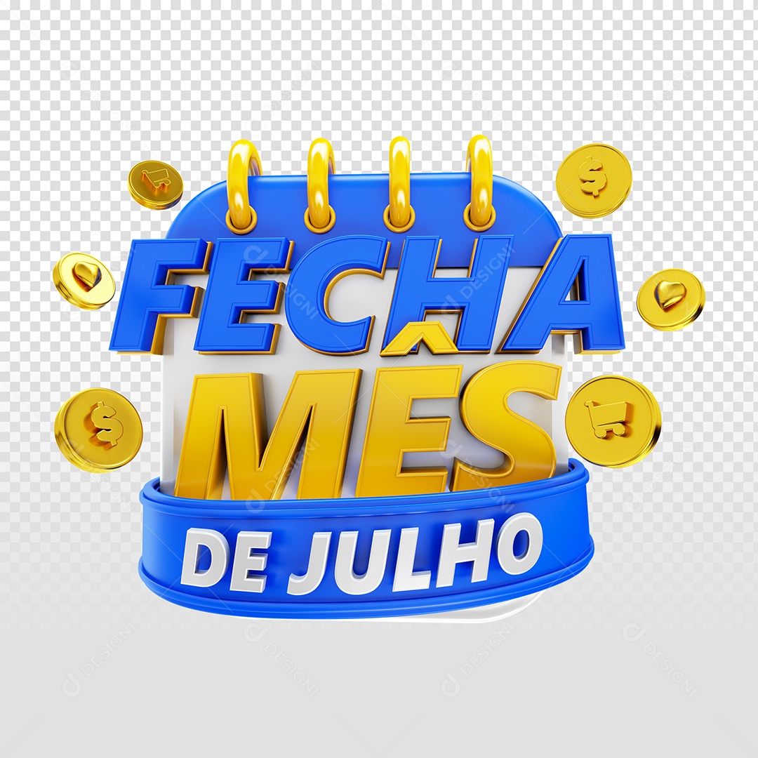 Selo 3D Fecha Mês de Julho Azul e Amarelo para Composição PSD