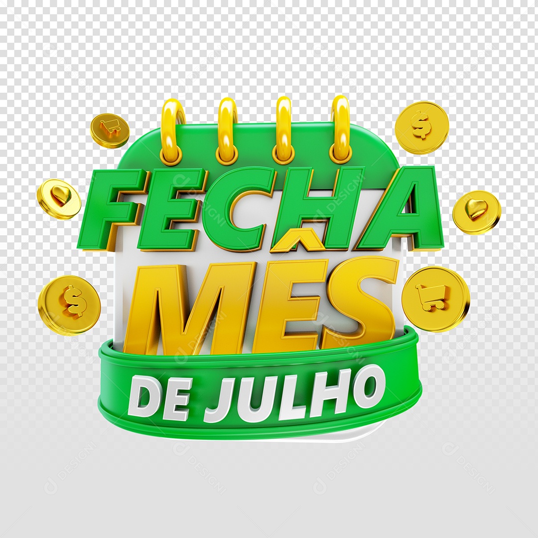 Selo 3D Fecha Mês de Julho Verde e Amarelo para Composição PSD