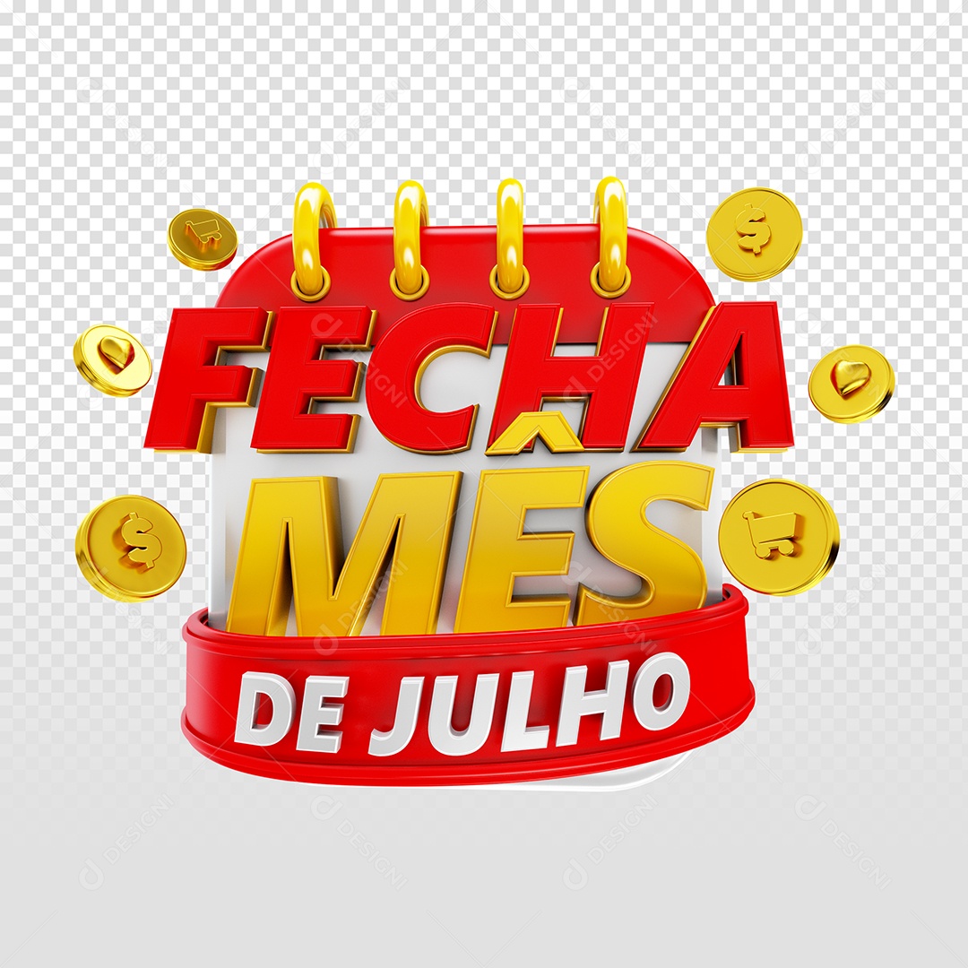 Selo 3D Fecha Mês de Julho Vermelho e Amarelo para Composição PSD