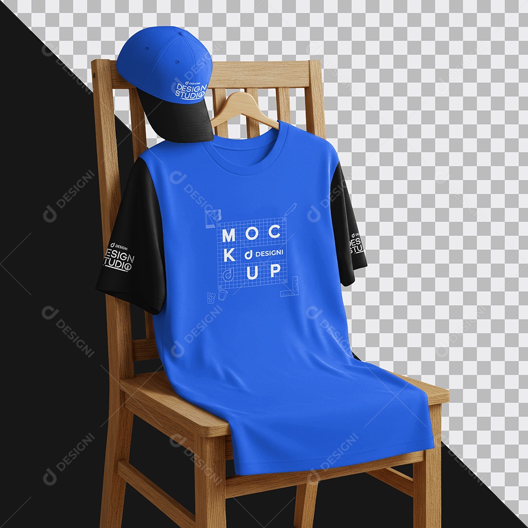 Mockup Camiseta e Boné em Cadeira PSD Editável