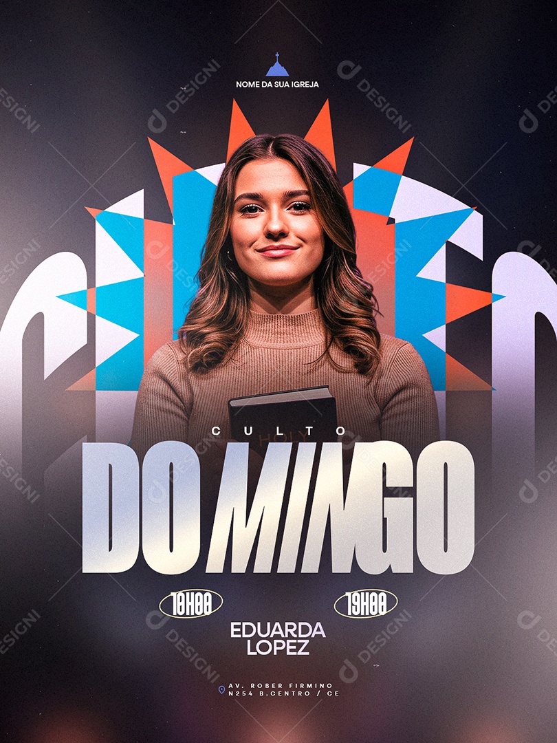 Flyer Gospel Culto Domingo Eduarda Lopez Social Media PSD Editável