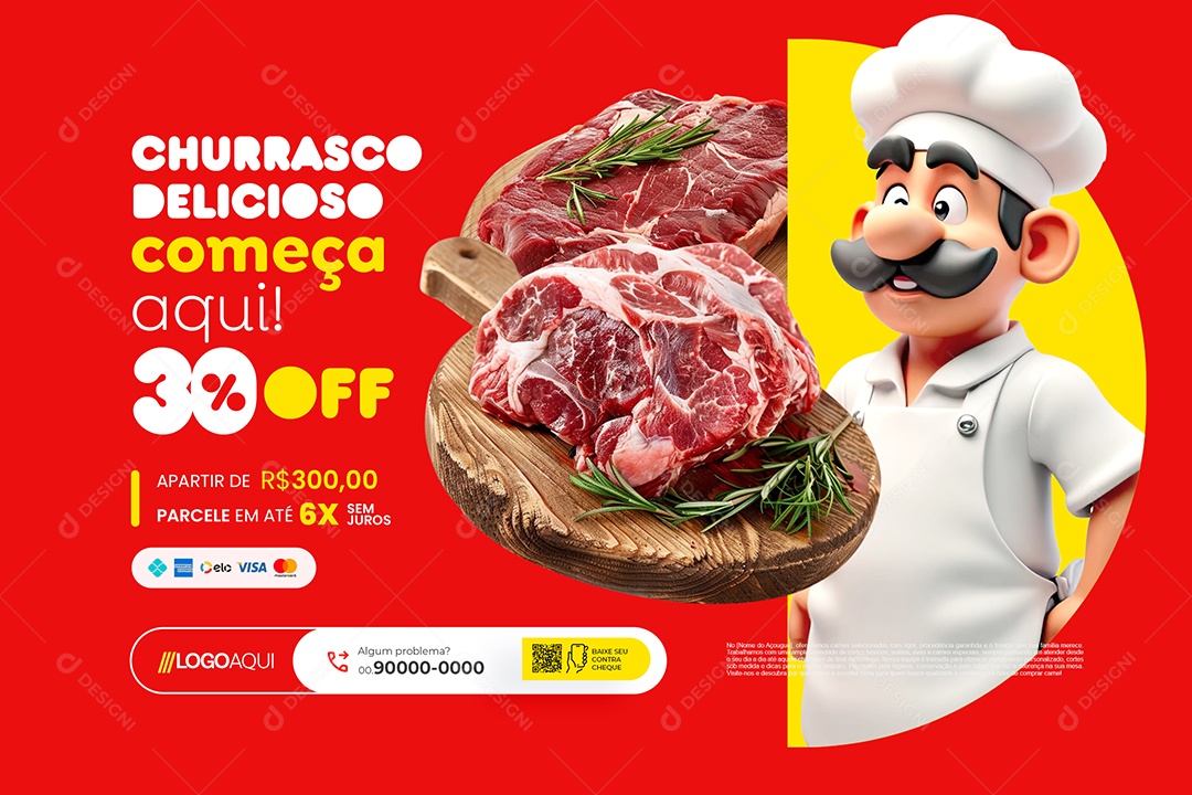 Banner Açougue Churrasco Delicioso Começa Aqui 30% Off Social Media PSD Editável