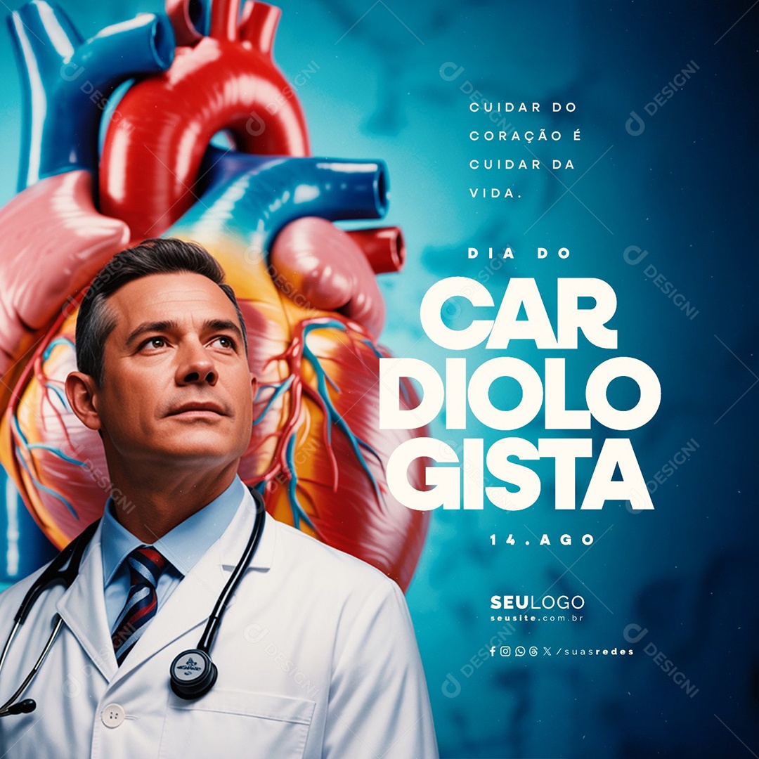 Dia do Cardiologista 14 de Agosto Cuidar do Coração Social Media PSD Editável