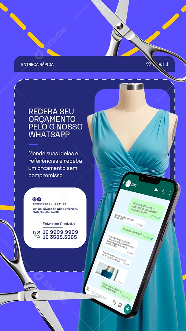 Story Costureira Entrega Rápida Receba seu Orçamento Social Media PSD Editável