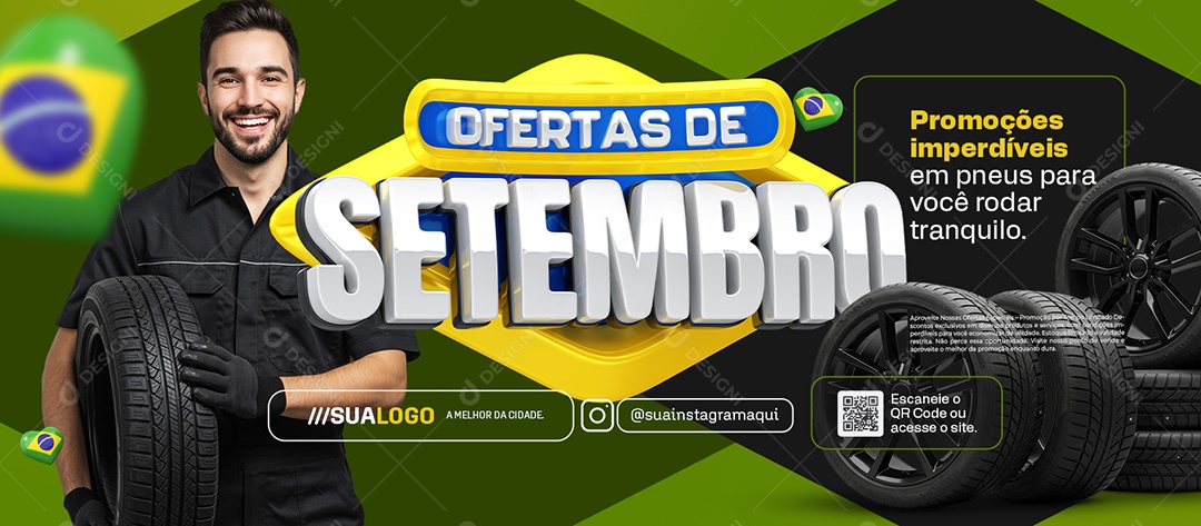 Banner Ofertas de Setembro Loja Pneus Promoções Imperdíveis Social Media PSD Editável