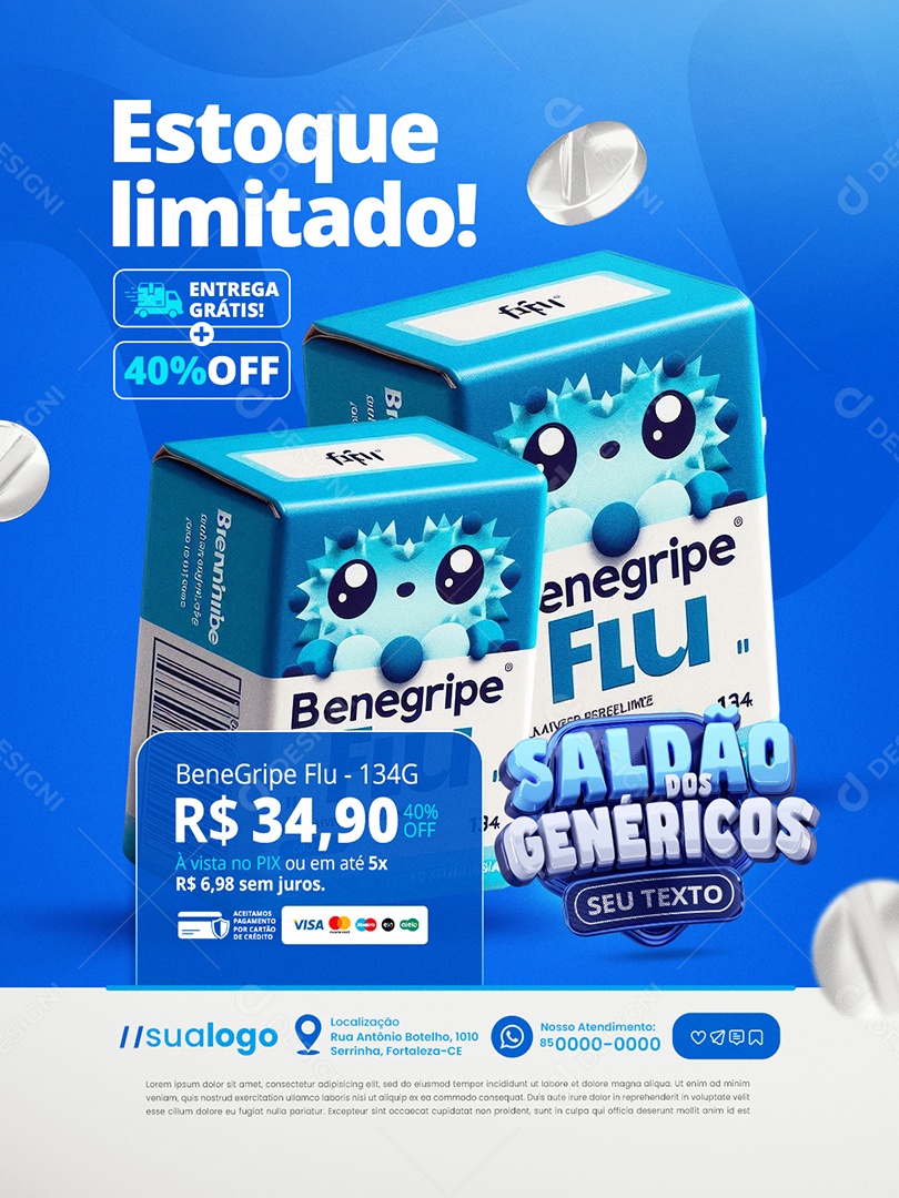 Saldão dos Genéricos Farmácia Estoque Limitado Bene Gripe Social Media PSD Editável