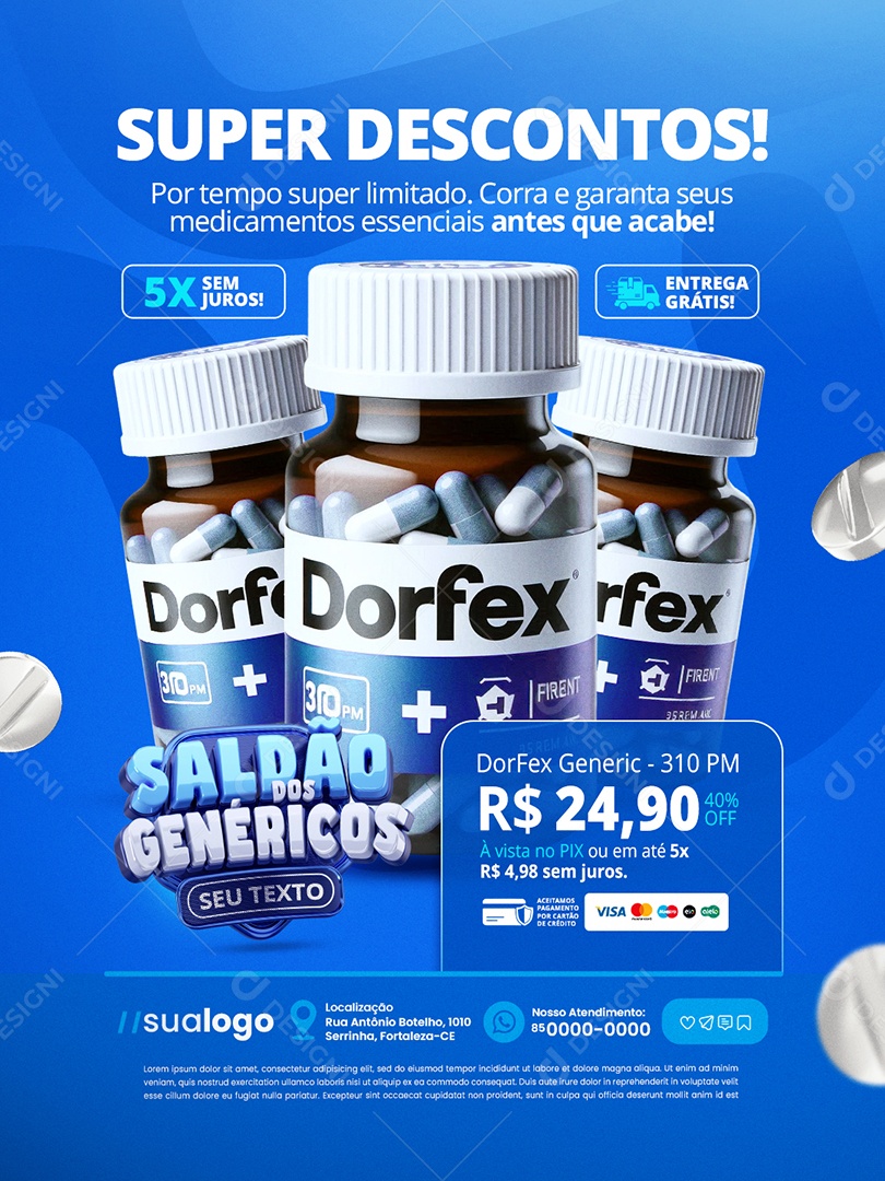Saldão dos Genéricos Farmácia Super Descontos Dor Fex Social Media PSD Editável