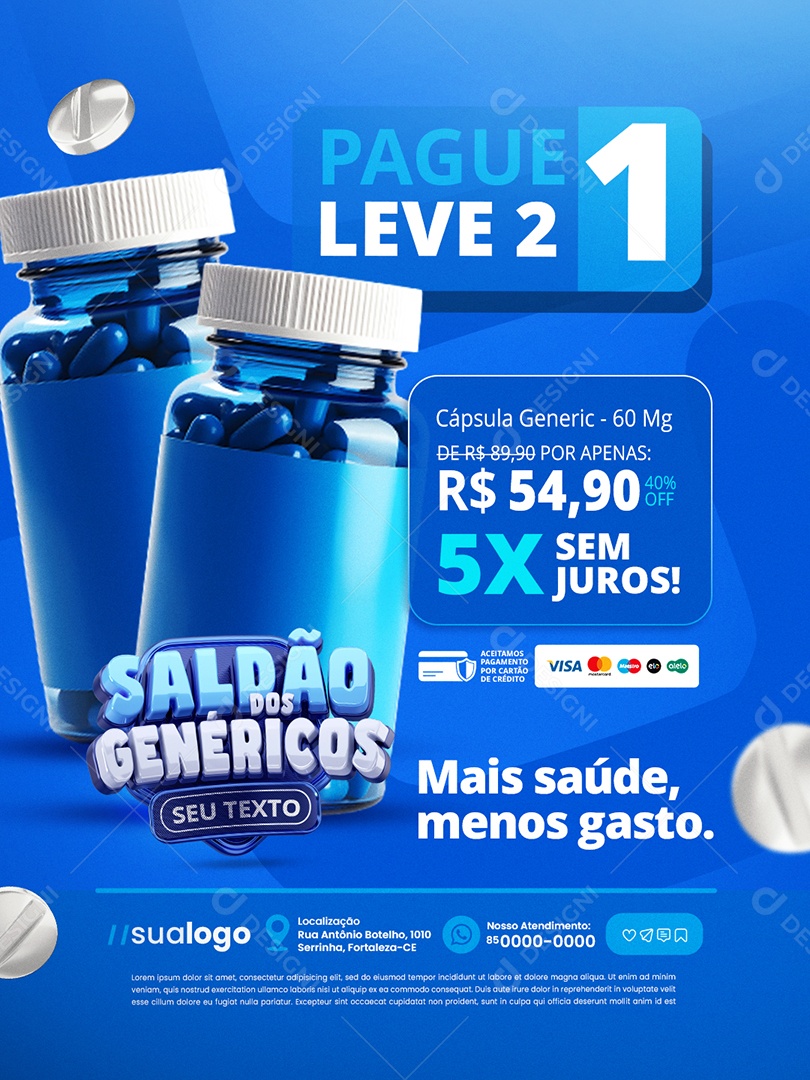 Saldão dos Genéricos Farmácia Pague Um Leve Dois Cápsula Generic Social Media PSD Editável