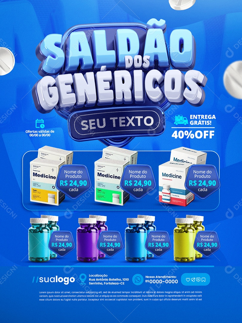 Saldão dos Genéricos Farmácia Entrega Grátis 40% Off Social Media PSD Editável
