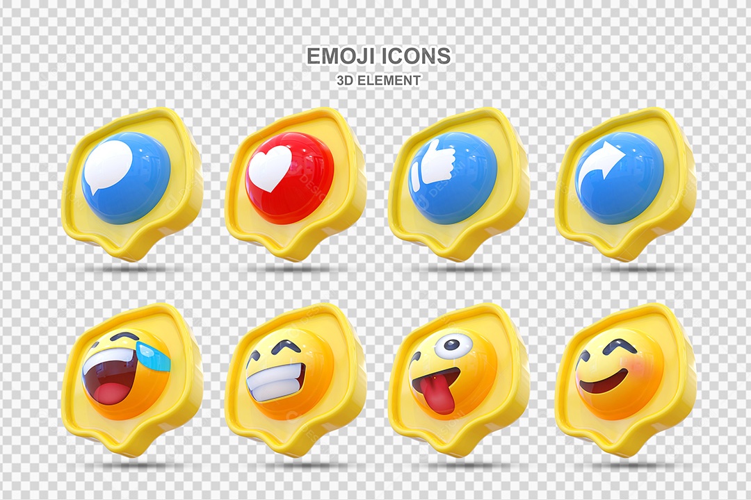 Elemento 3D Conjunto de Emojis com Fundo Amarelo Para Composição PSD
