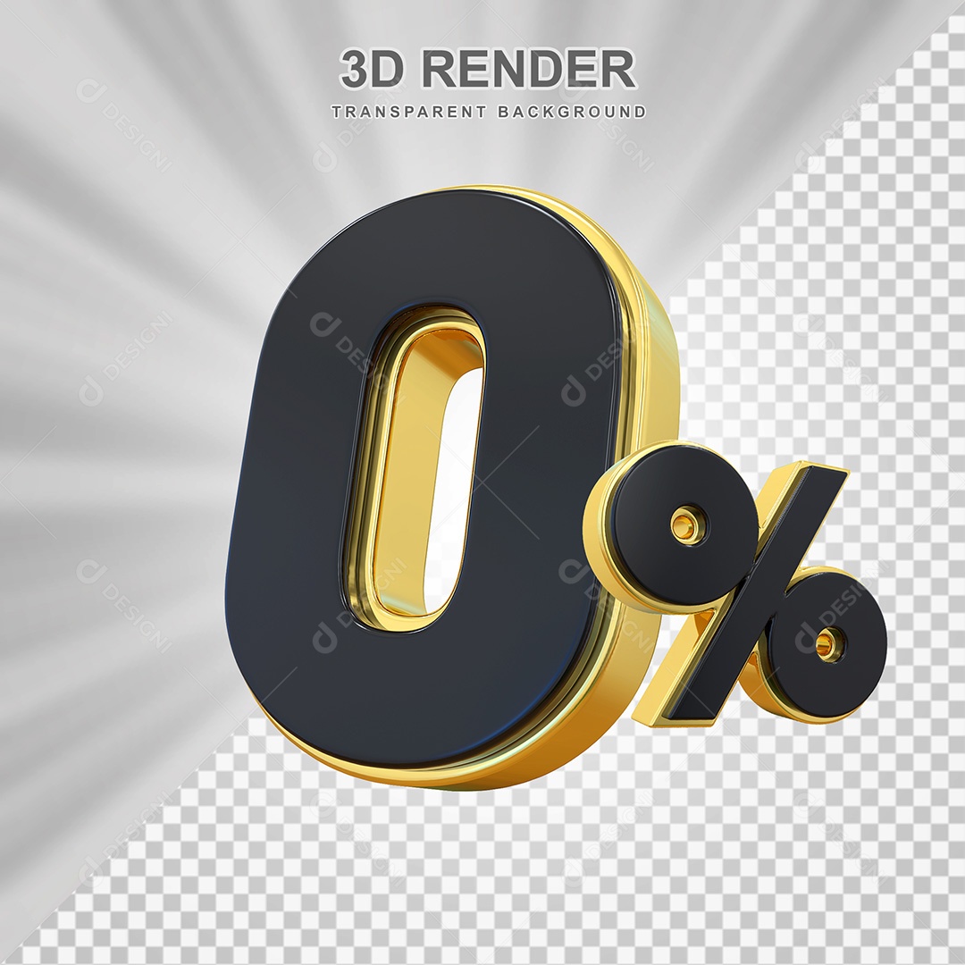 Elemento 3D Número 0% Preto com Dourado Para Composição PSD