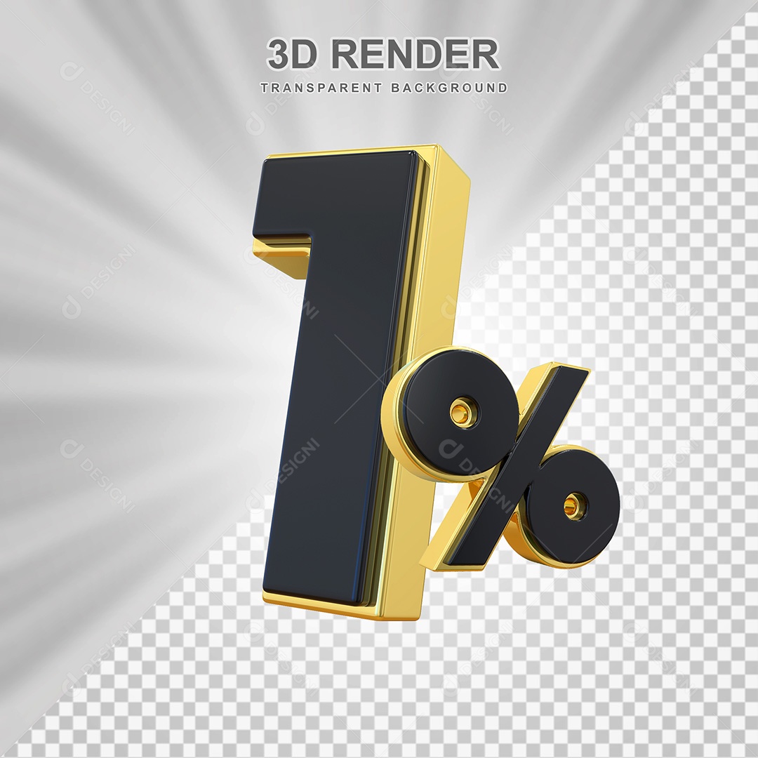 Elemento 3D Número 1% Preto com Dourado Para Composição PSD