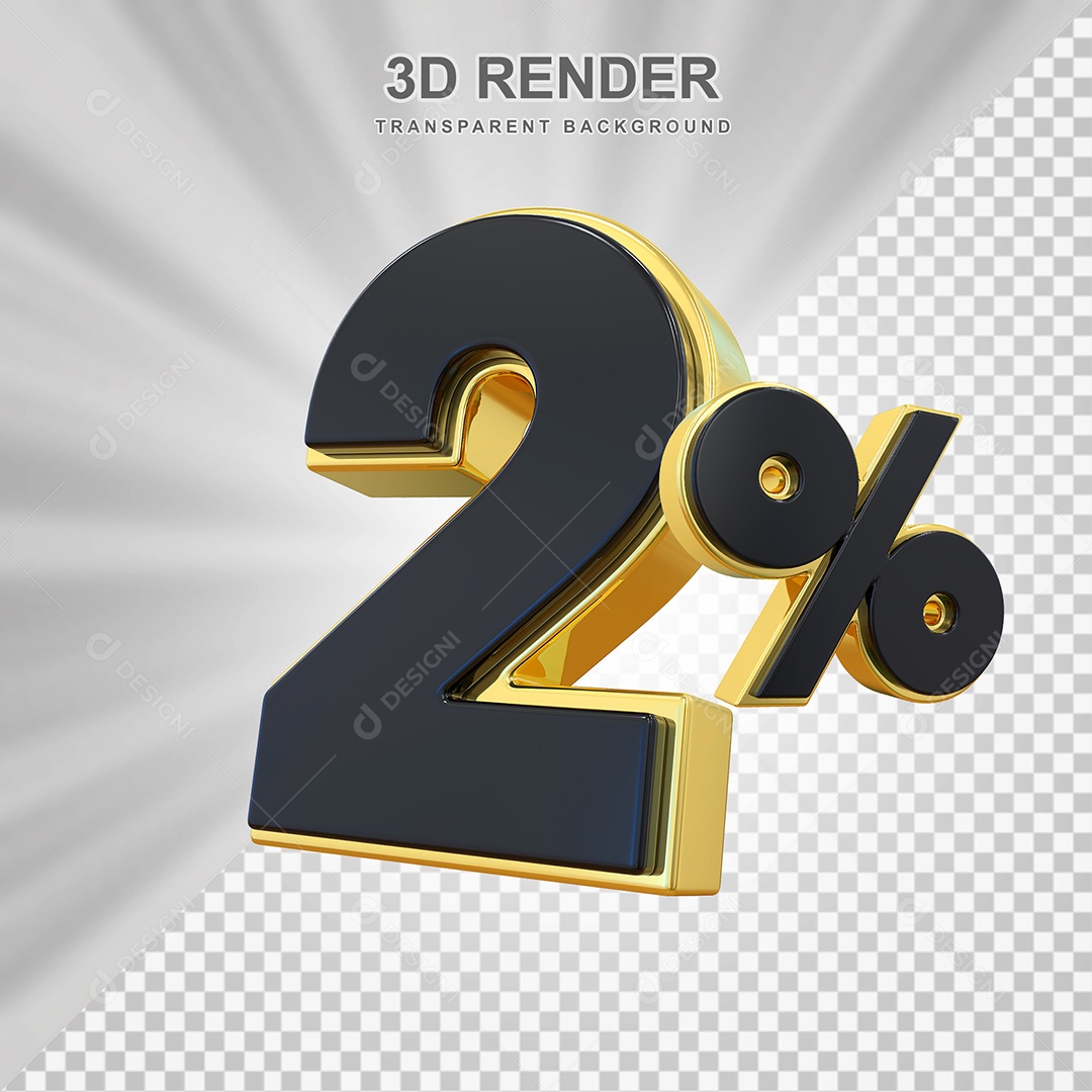 Elemento 3D Número 2% Preto com Dourado Para Composição PSD