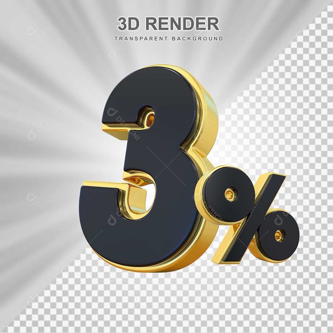 Elemento 3D Número 3% Preto com Dourado Para Composição PSD