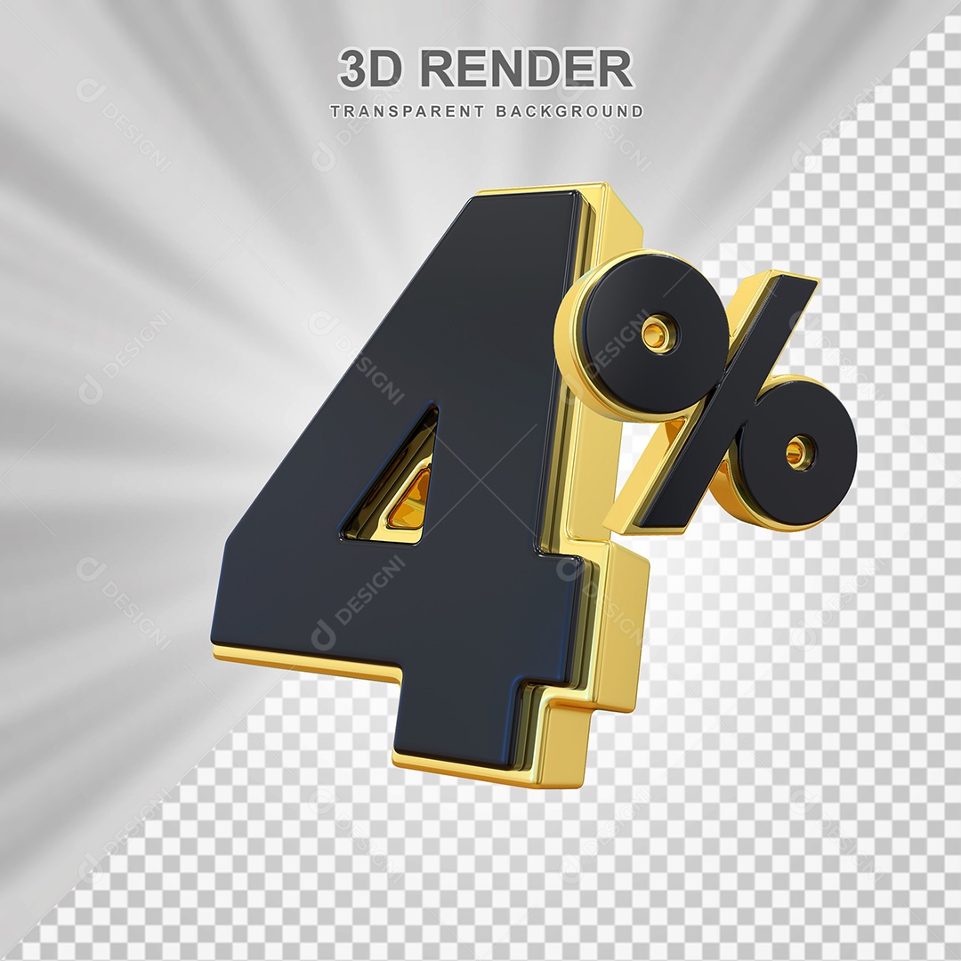 Elemento 3D Número 4% Preto com Dourado Para Composição PSD