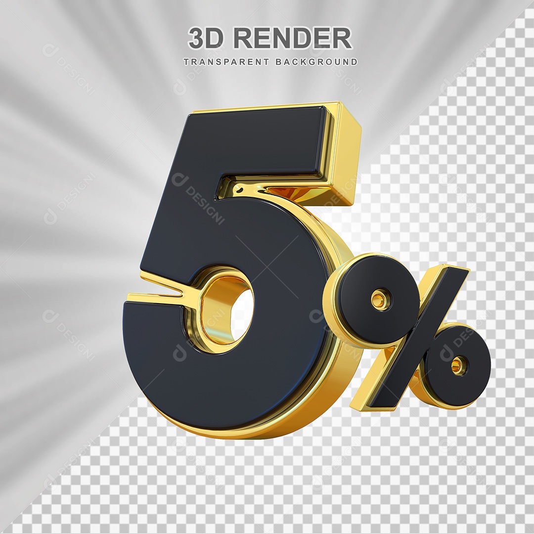 Elemento 3D Número 5% Preto com Dourado Para Composição PSD