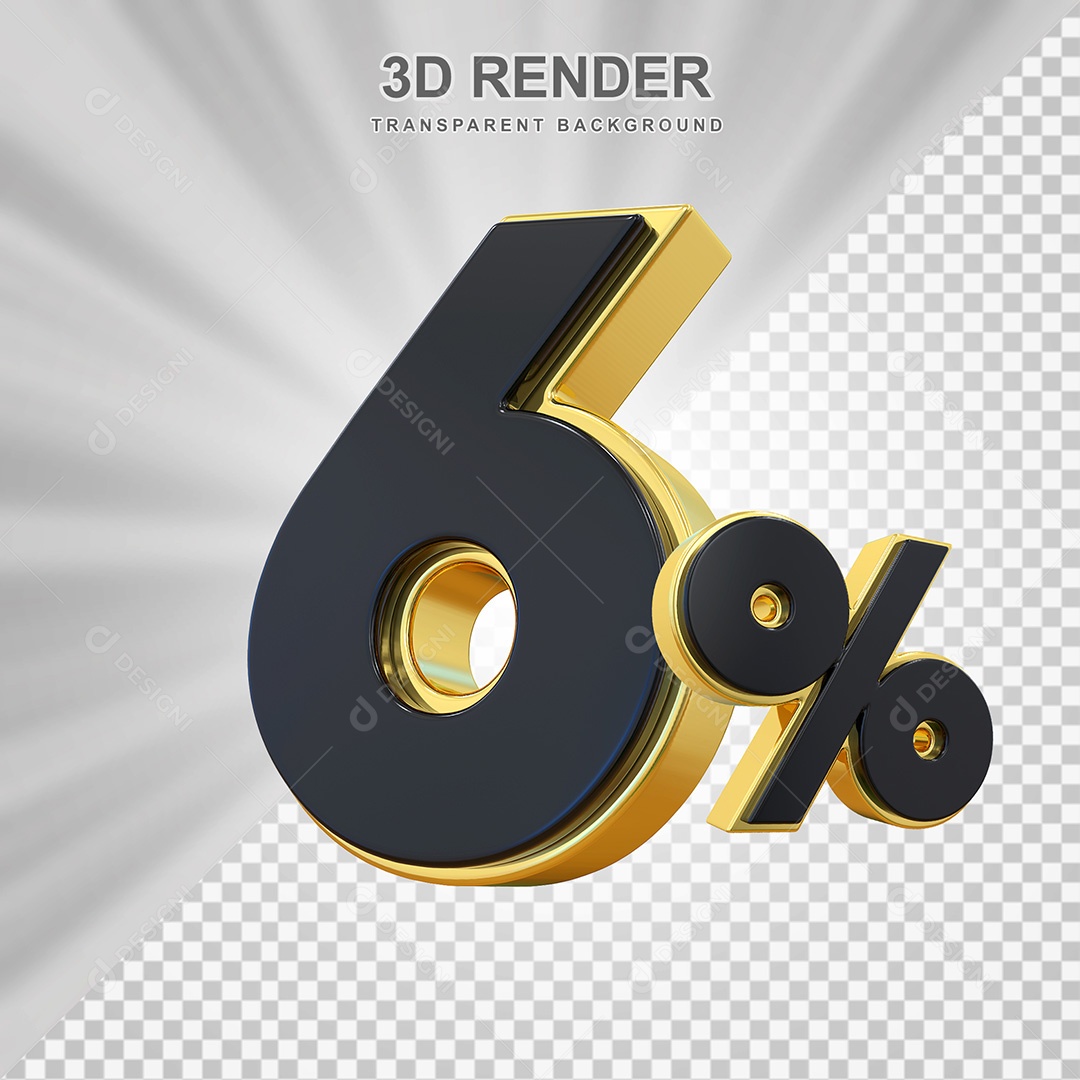Elemento 3D Número 6% Preto com Dourado Para Composição PSD