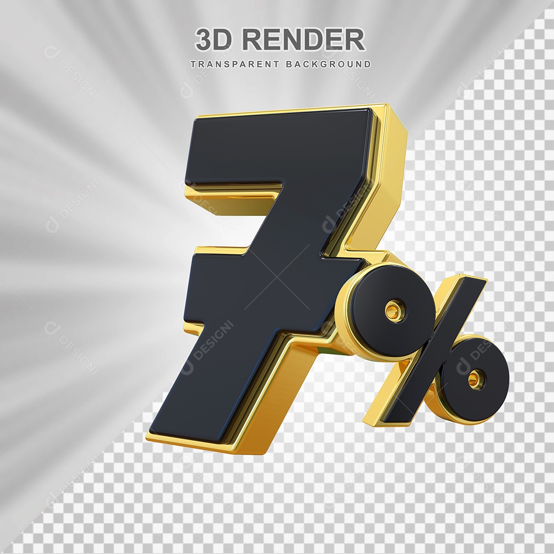 Elemento 3D Número 7% Preto com Dourado Para Composição PSD