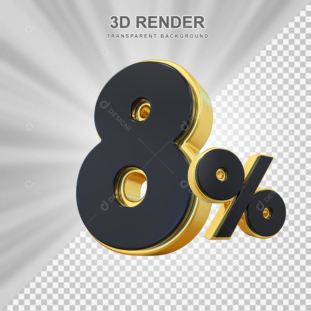 Elemento 3D Número 8% Preto com Dourado Para Composição PSD