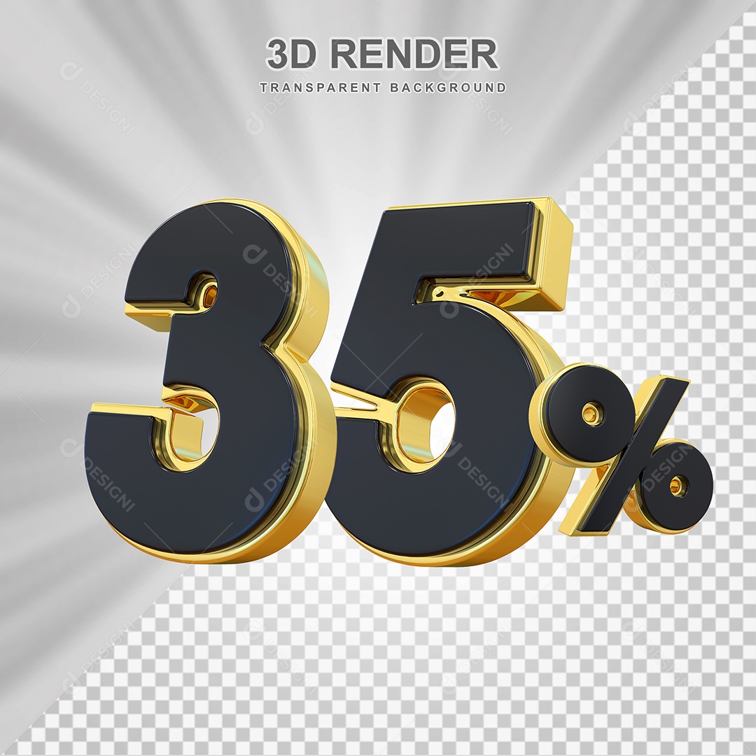 Elemento 3D Número 35% Preto com Dourado Para Composição PSD