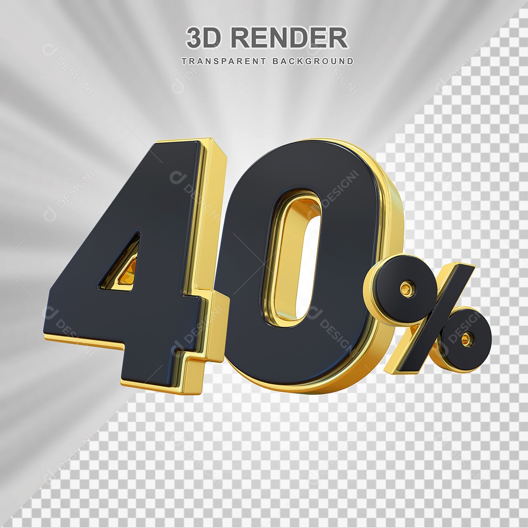 Elemento 3D Número 40% Preto com Dourado Para Composição PSD