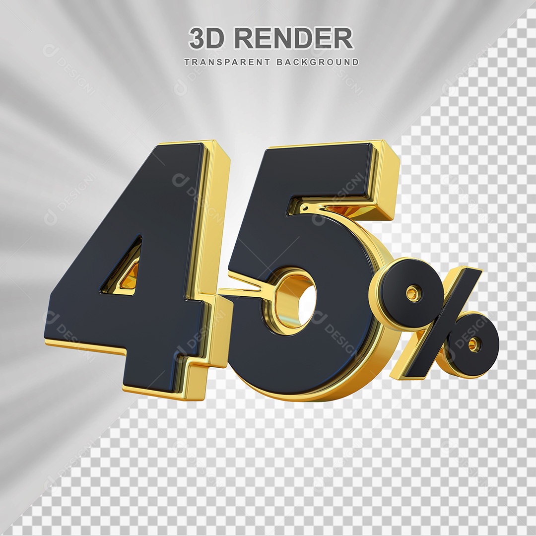 Elemento 3D Número 45% Preto com Dourado Para Composição PSD