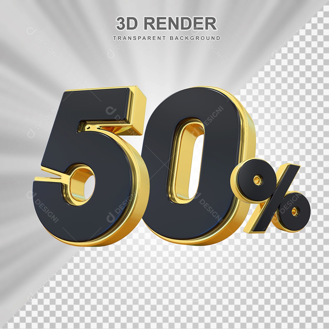 Elemento 3D Número 50% Preto com Dourado Para Composição PSD