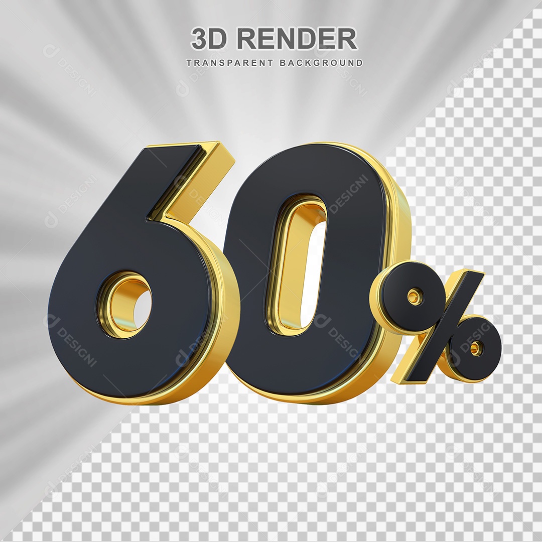 Elemento 3D Número 60% Preto com Dourado Para Composição PSD