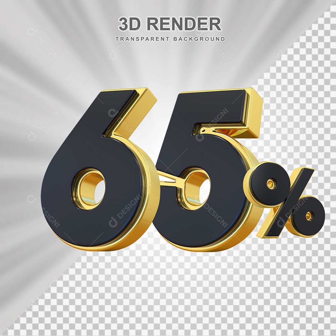 Elemento 3D Número 65% Preto com Dourado Para Composição PSD