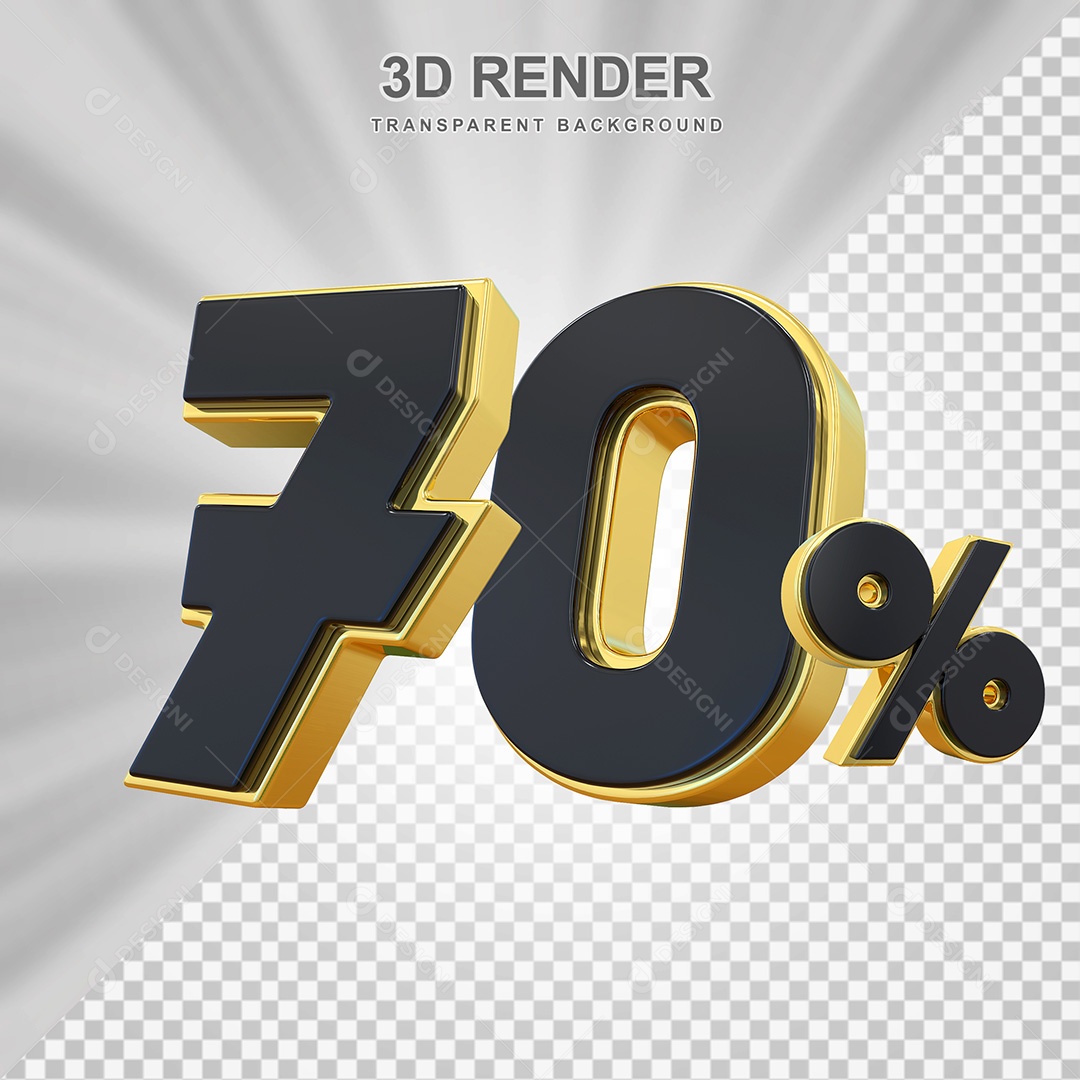 Elemento 3D Número 70% Preto com Dourado Para Composição PSD