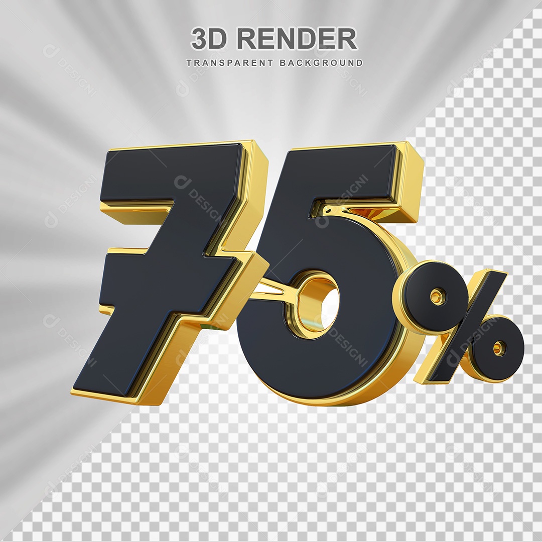 Elemento 3D Número 75% Preto com Dourado Para Composição PSD