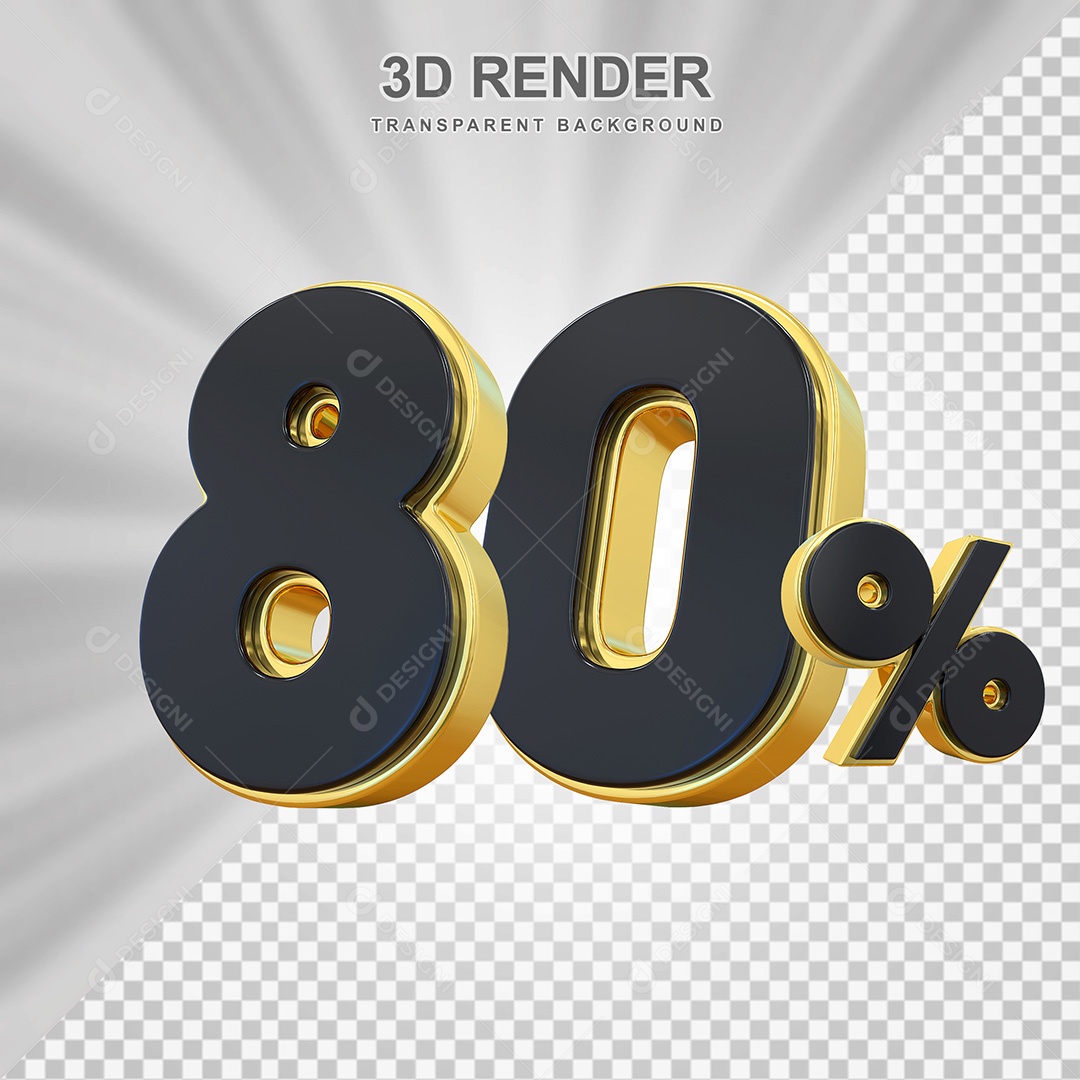 Elemento 3D Número 80% Preto com Dourado Para Composição PSD