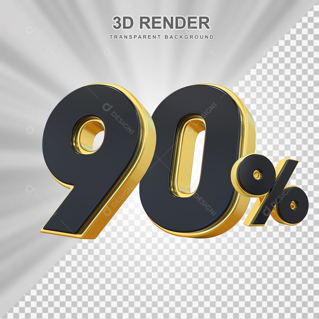 Elemento 3D Número 90% Preto com Dourado Para Composição PSD
