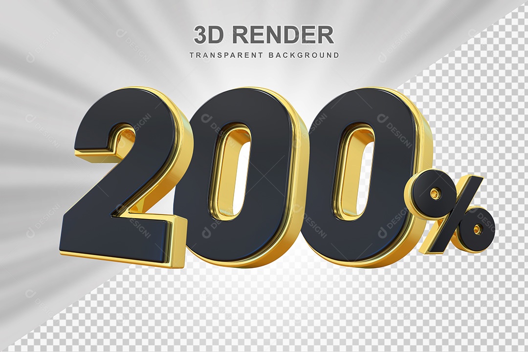 Elemento 3D Número 200% Preto com Dourado Para Composição PSD