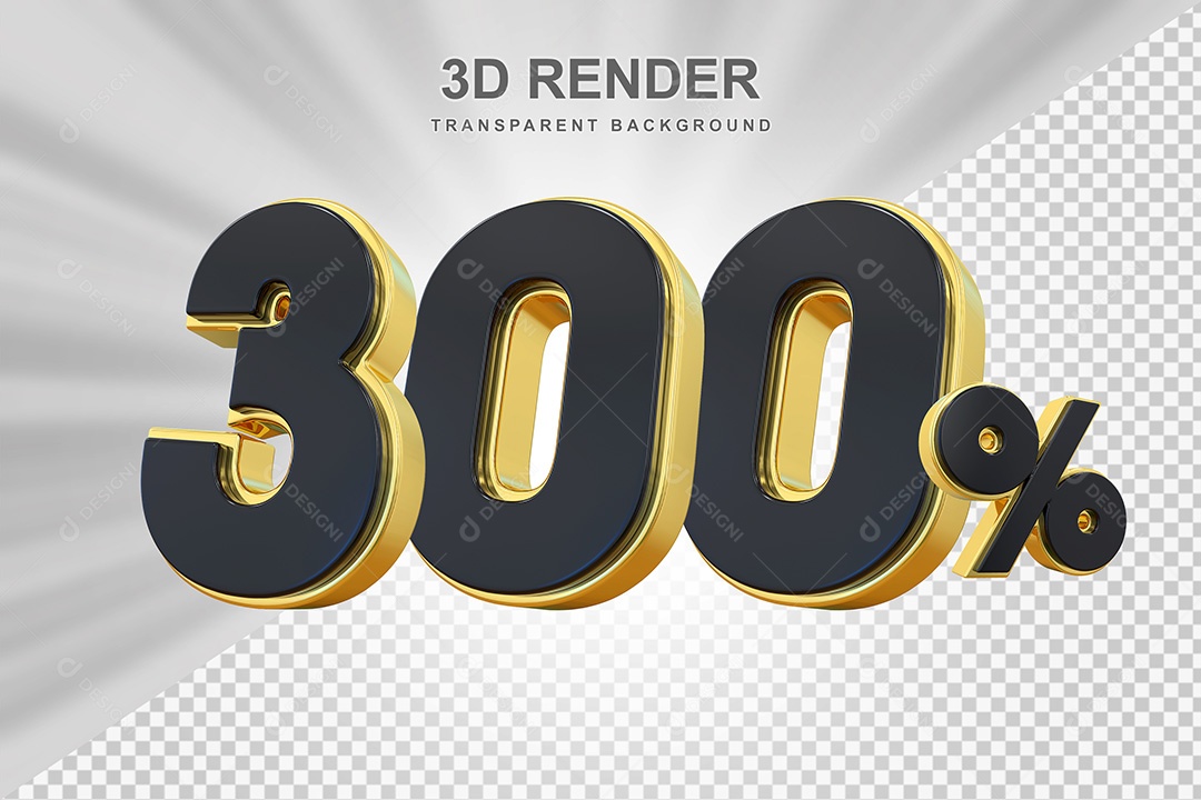Elemento 3D Número 300% Preto com Dourado Para Composição PSD