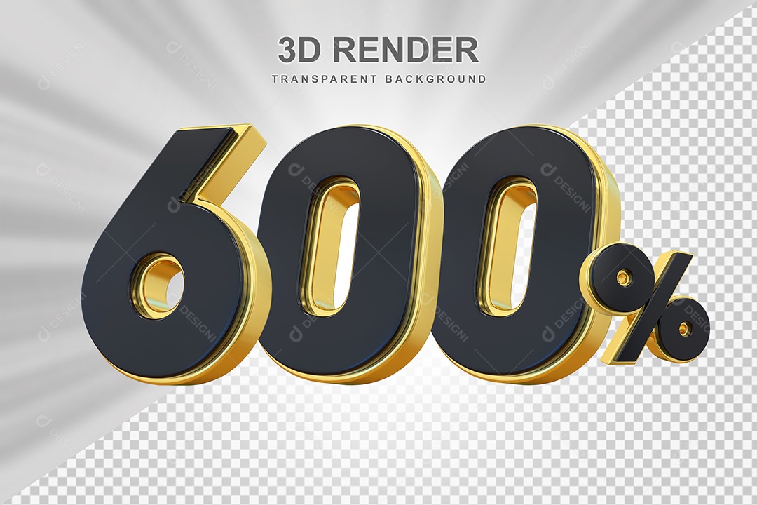 Elemento 3D Número 600% Preto com Dourado Para Composição PSD