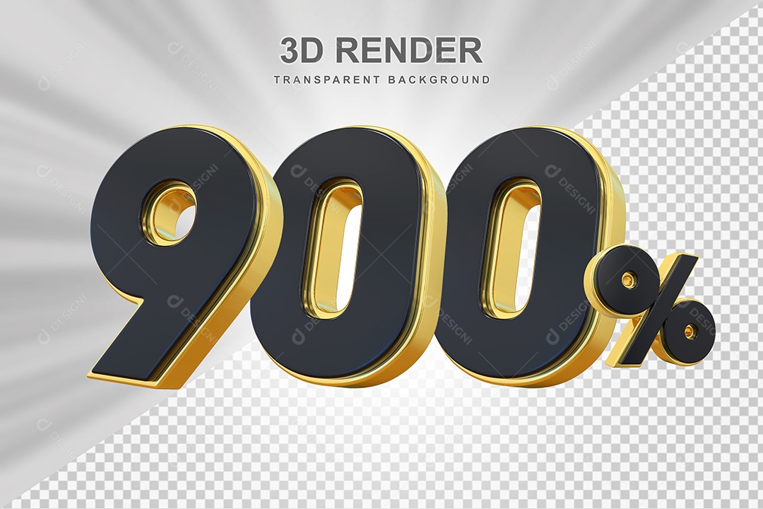 Elemento 3D Número 900% Preto com Dourado Para Composição PSD