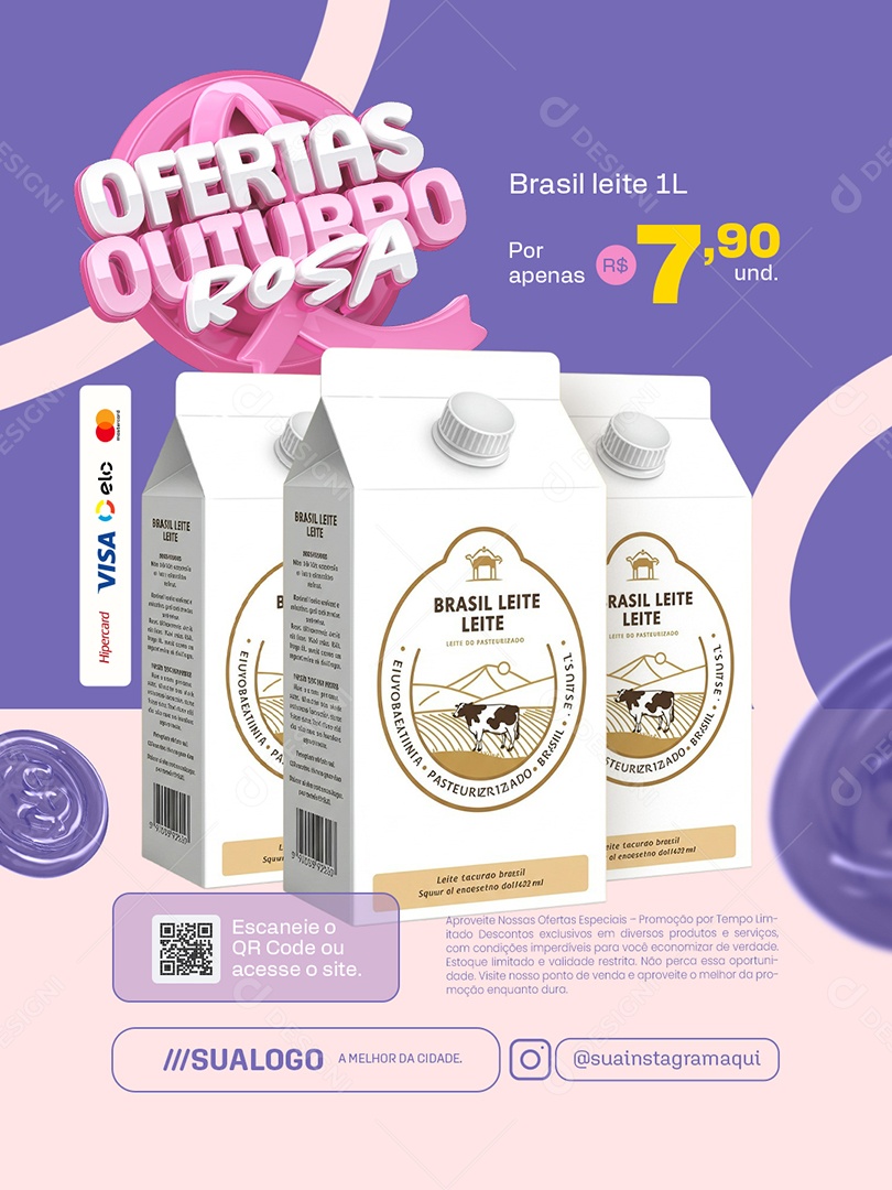 Ofertas Outubro Rosa Supermercado Caixa de Leite Brasil Leite 1L Social Media PSD Editável