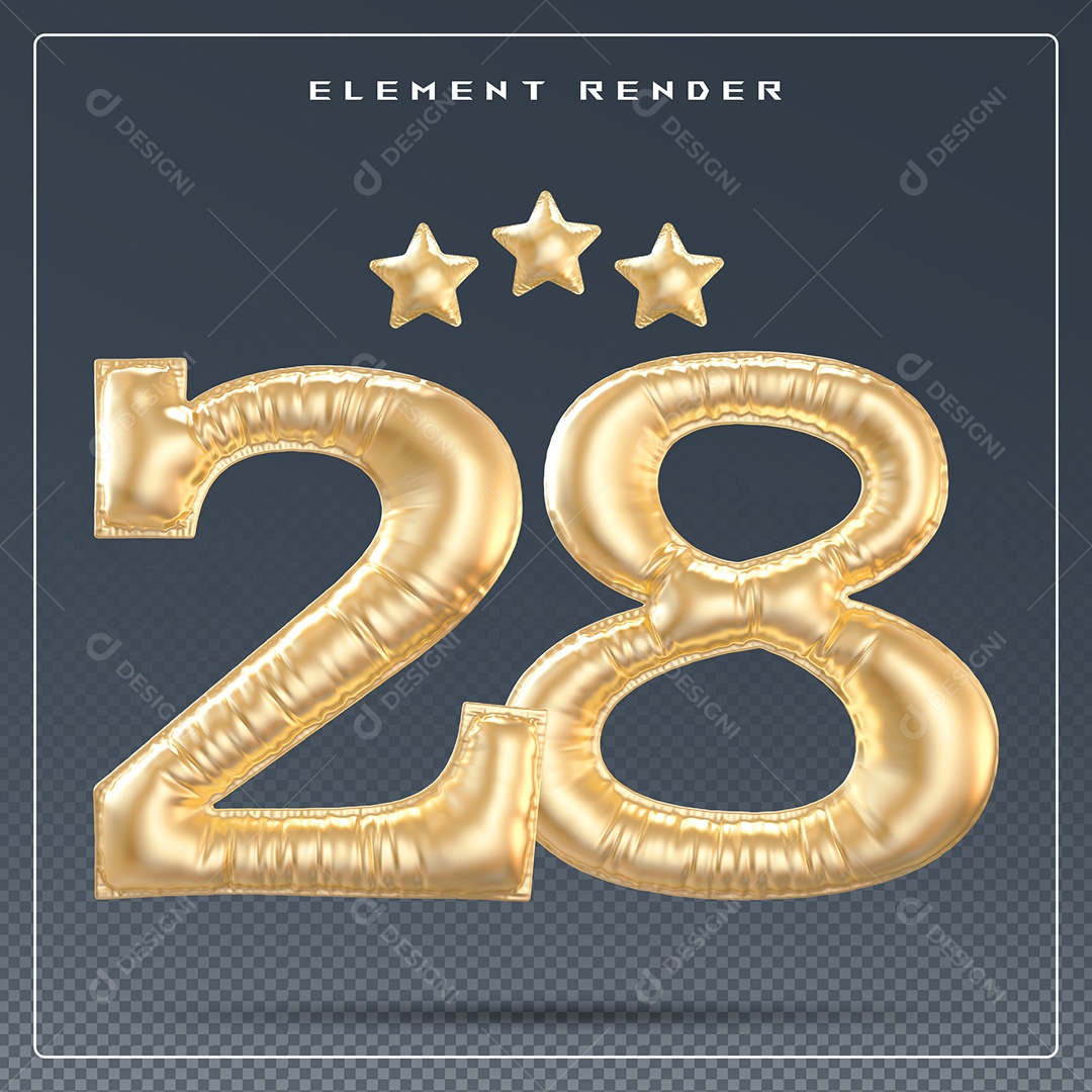 Elemento 3D Número 28 Dourado para Composição PSD