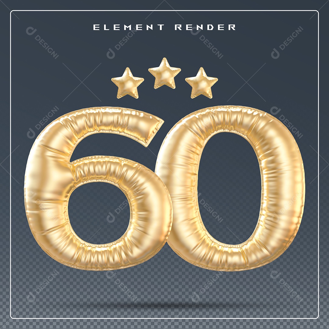 Elemento 3D Número 60 Dourado para Composição PSD