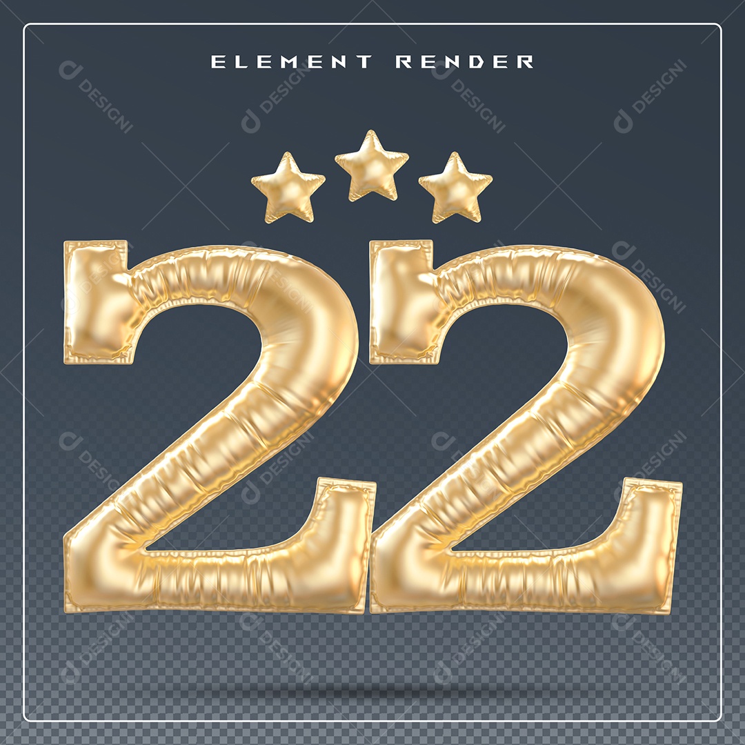 Elemento 3D Número 22 Dourado para Composição PSD
